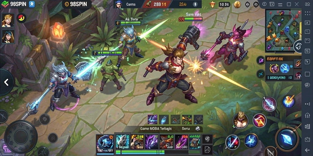 Screenshot gameplay 98SPIN dengan karakter bertarung di arena MOBA.