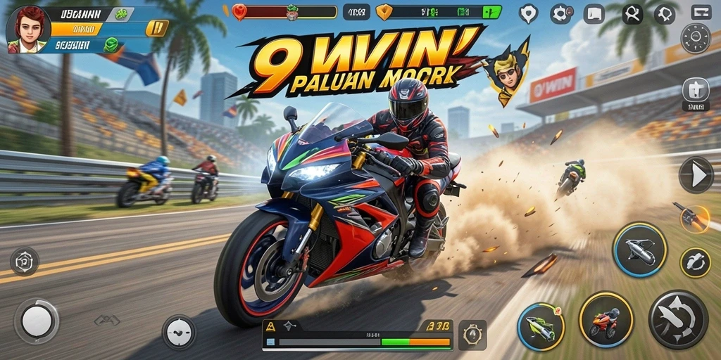 Tampilan gameplay mendebarkan dari balapan motor di 9WIN.