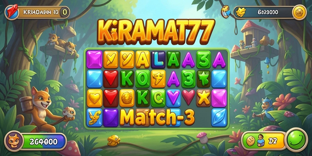 Tampilan gameplay KRAMAT77 dalam aksi Match-3 yang seru.