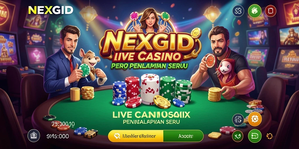 Screenshot gameplay NEXGID menunjukkan dealer profesional dan suasana kasino yang autentik.
