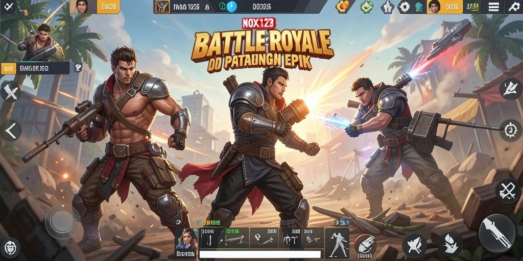 Screenshot utama NOX123 menampilkan aksi seru dalam kemeriahan Battle Royale.