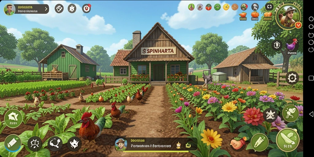 Tampilan gameplay SPINHARTA dengan aktivitas pertanian yang seru.